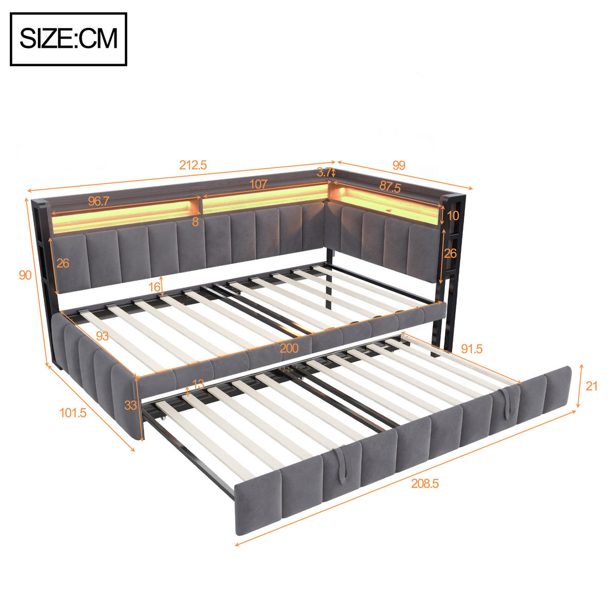 AUSZIEHBETT 90/200 cm ausziehbar mit LED und USB, DE-41717, in Dunkelgrau - Grau, Metall (90/200cm) - ComfortXL