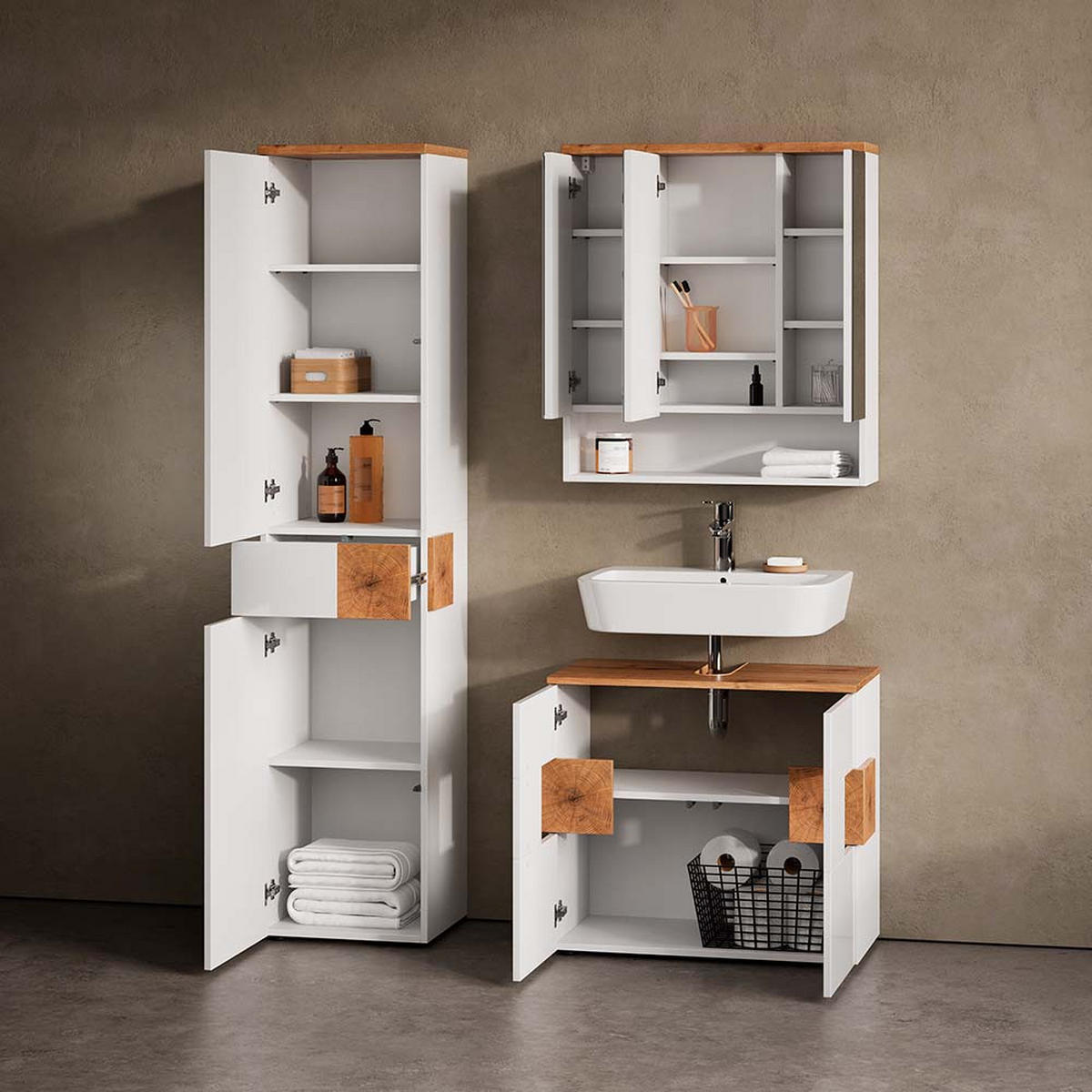 BADMÖBEL-SET Tanaro Weiß 3 Teile, mit Hochschrank - Weiß/Eiche Artisan, Holzwerkstoff (73/64/37cm) - Livinity®