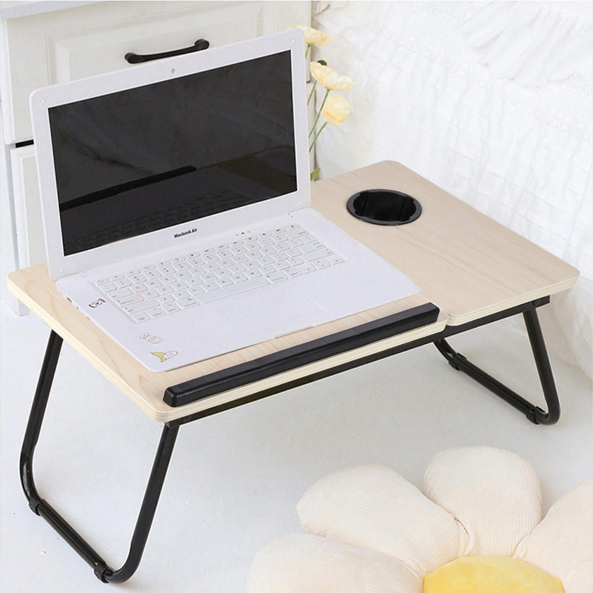 LAPTOP-BETTTISCH mit Getränkehalter Verstellbarer, klappbarer – Weiß-Ahornoptik, 56x32,5x24 cm - Naturfarben, Metall (32.5/56/24cm) - Livingandhome