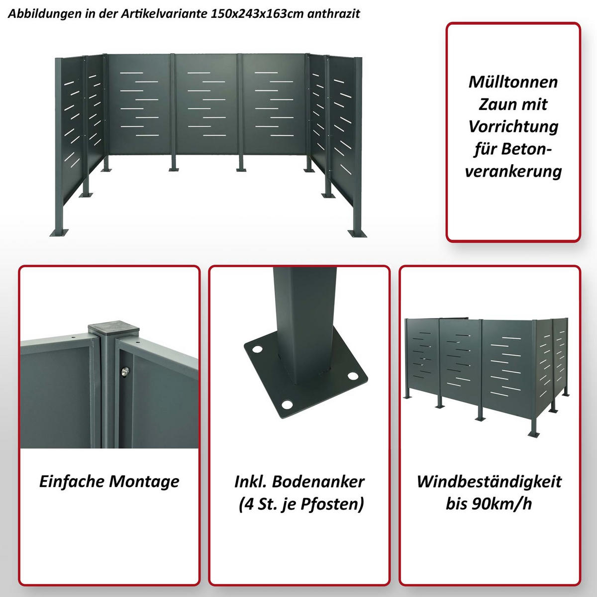 MÜLLTONNEN-ZAUN METALL Silber - Silberfarben, Metall (243/150/163cm) - MCW