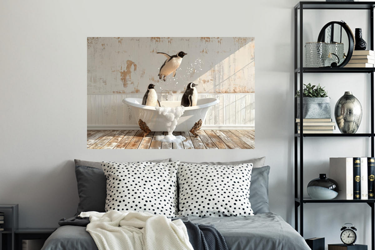 WANDTATTOO Vintage - Pinguin - Badewanne - Schaumstoff 120x80 cm - Schwarz, Kunststoff (120/80/0.1cm) - MuchoWow