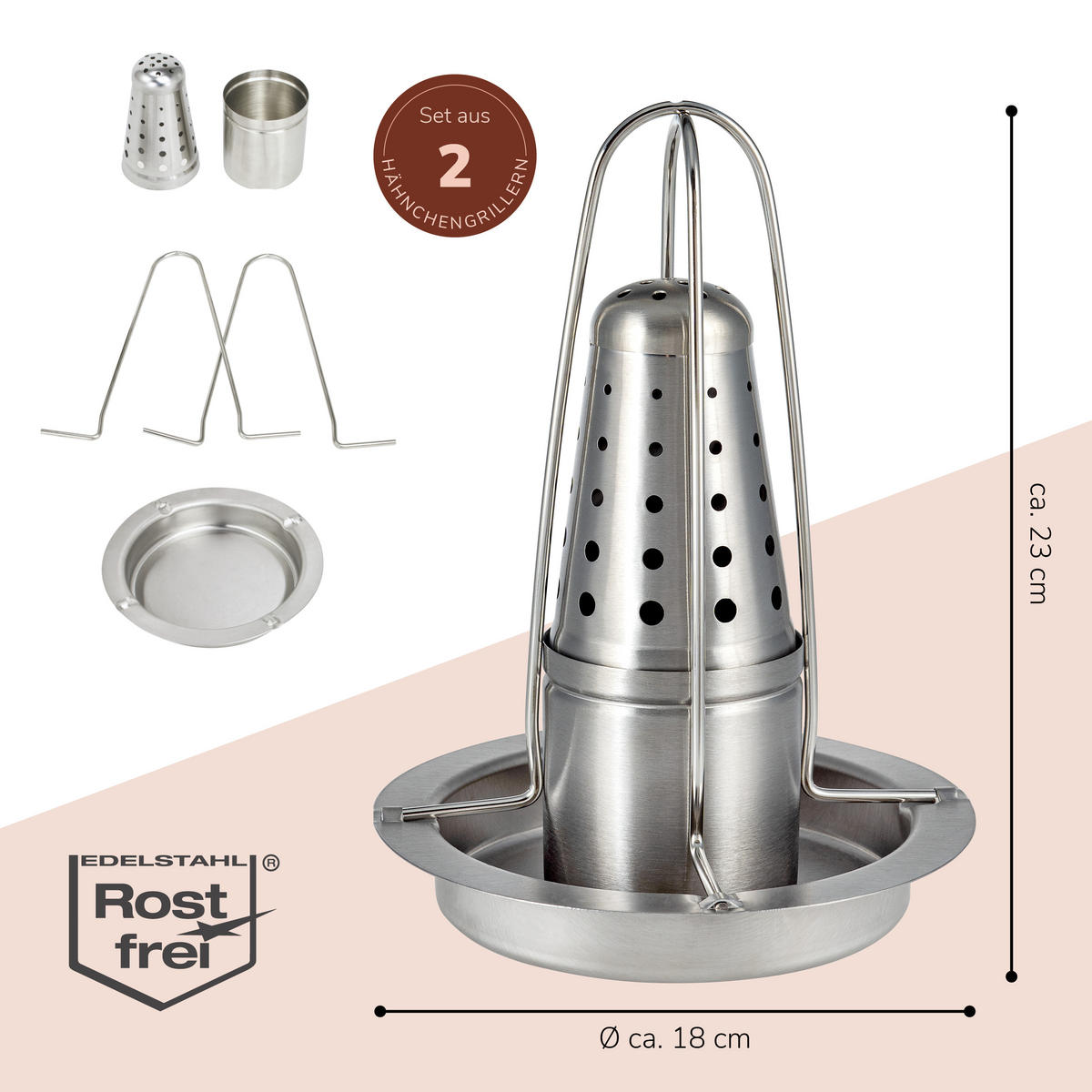 HÄHNCHENGRILLER 2er-Set, silber, Edelstahl - Edelstahlfarben, Metall (18/23/18cm) - bremermann