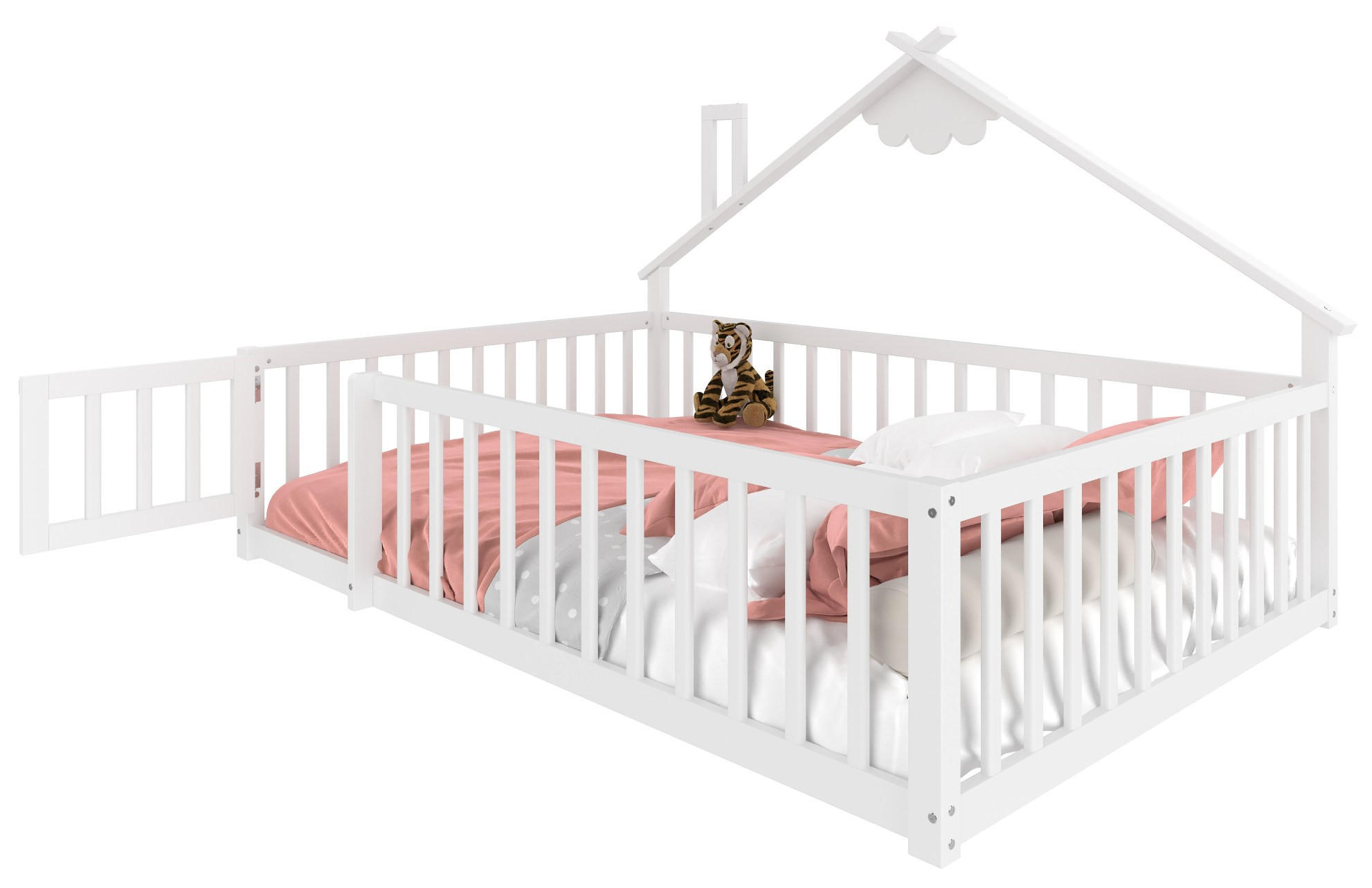 KINDERBETT Hausbett 140/190 cm, Weiß mit Geländer - Weiß, Holz (140/190cm) - MIVRAY