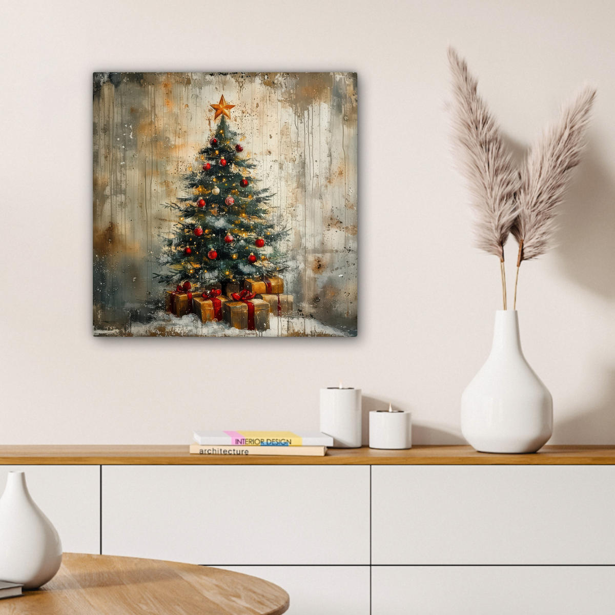 LEINWANDBILD Weihnachtsbaum - Vintage - Weihnachten - Geschenk 50x50 cm - Rostfarben, Textil (50/50cm) - MuchoWow