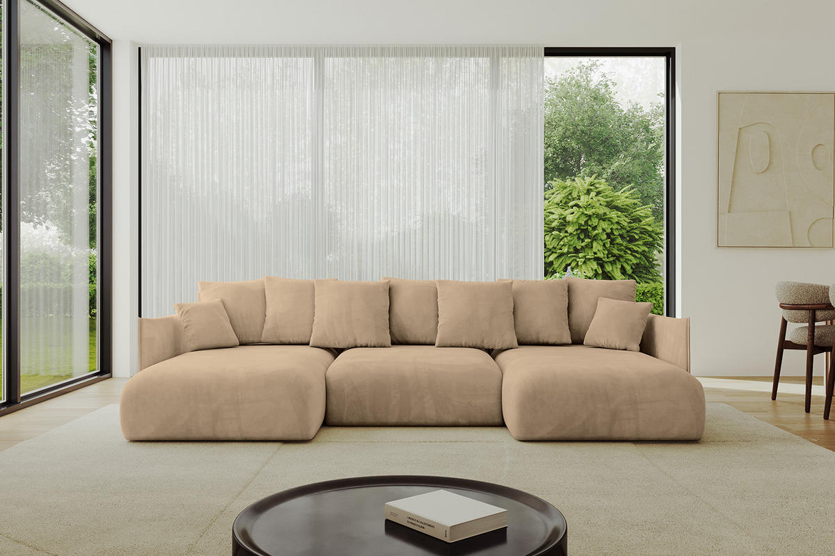 WOHNLANDSCHAFT mit Schlaffunktion und Bettkasten ONESK-U 317x177x72 Beige Velours - Beige, Holzwerkstoff/Kunststoff (317/72/177cm) - ALTDECOR