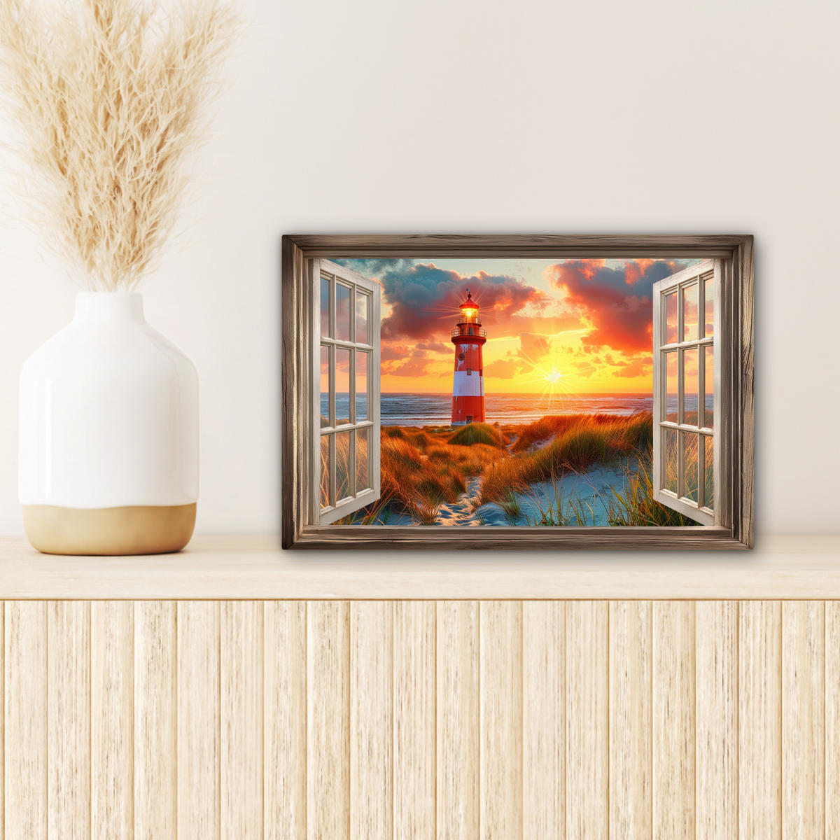LEINWANDBILD Aussicht - Fenster - Leuchtturm - Sonnenuntergang - Strand 30x20 cm - Dunkelorange, Textil (30/20cm) - MuchoWow