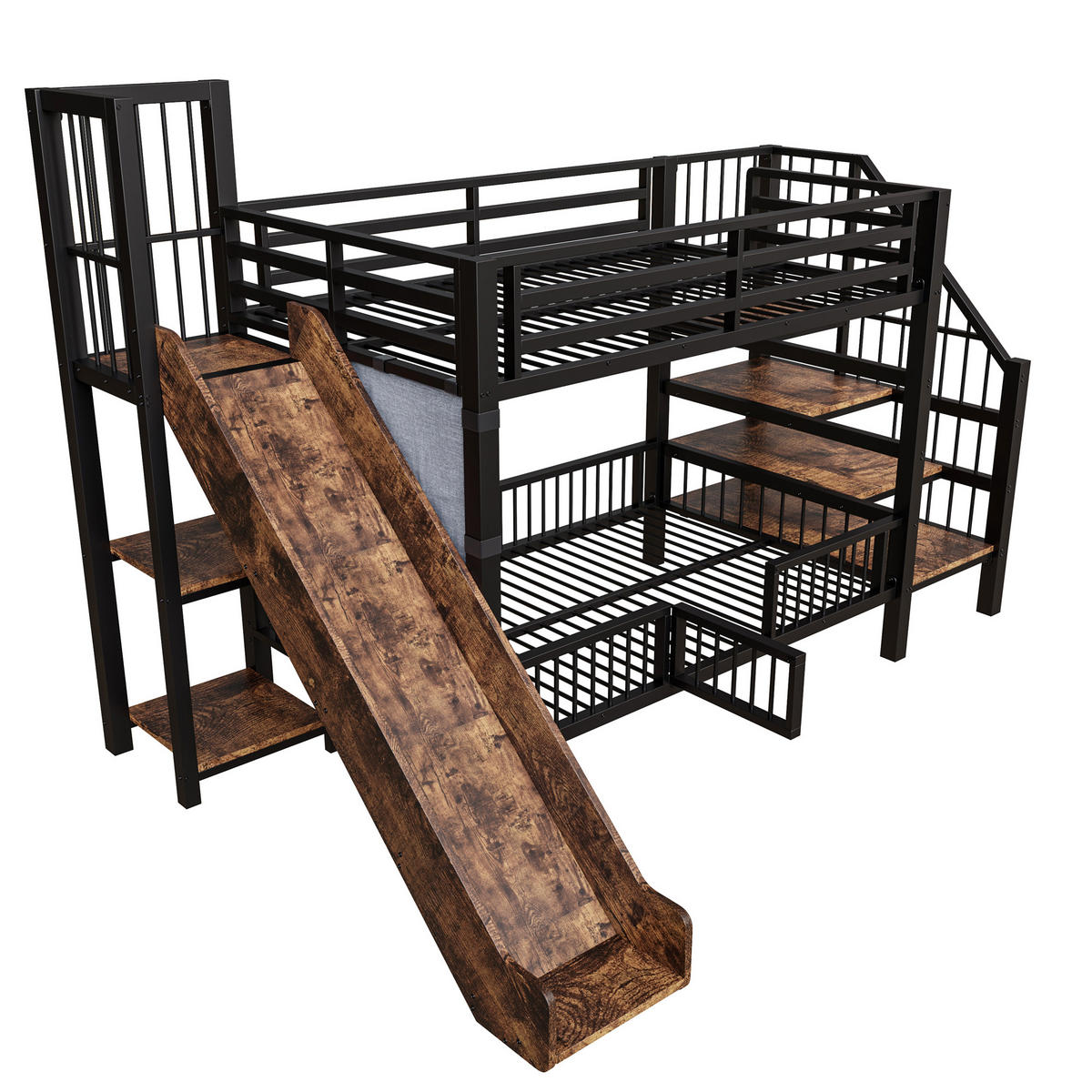 ETAGENBETT aus Metall 90x200 cm in Schwarz mit Rutsche & Stauraumtreppe - Schwarz, Metall (90/200cm) - Modfu