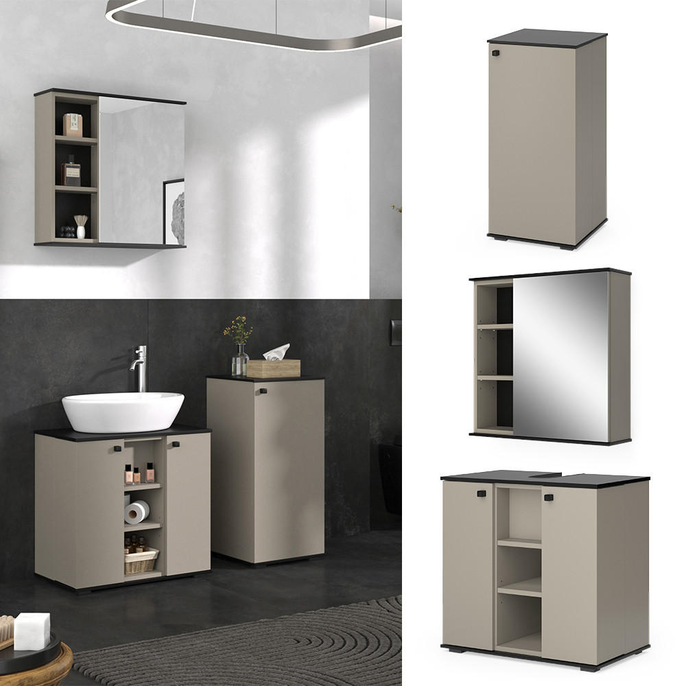 BADMÖBEL-SET Joli Greige 3 Teile, mit Midischrank - Greige/Schwarz, Holzwerkstoff (60/59/37cm) - Vicco