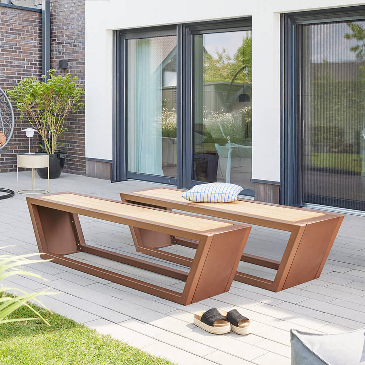 SITZGARNITUR KOBON - Farbe: Braun, Ausführung: 2 x Bank - Anthrazit/Braun, Holz/Metall - Home Deluxe