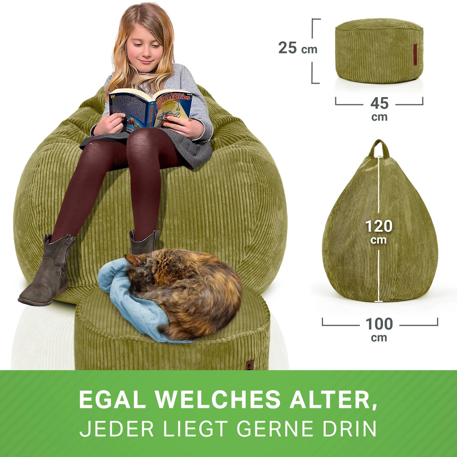 XXL-SITZSACK 2er Set + Pouf - Cordstoff - Grün, Textil (90/110/90cm) - Green Bean