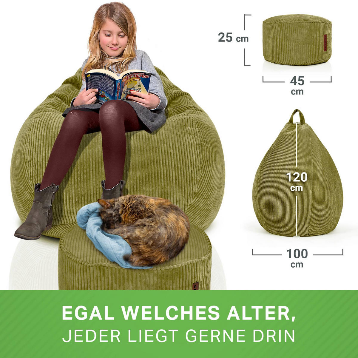 XXL-SITZSACK 2er Set + Pouf - Cordstoff - Grün, Textil (90/110/90cm) - Green Bean