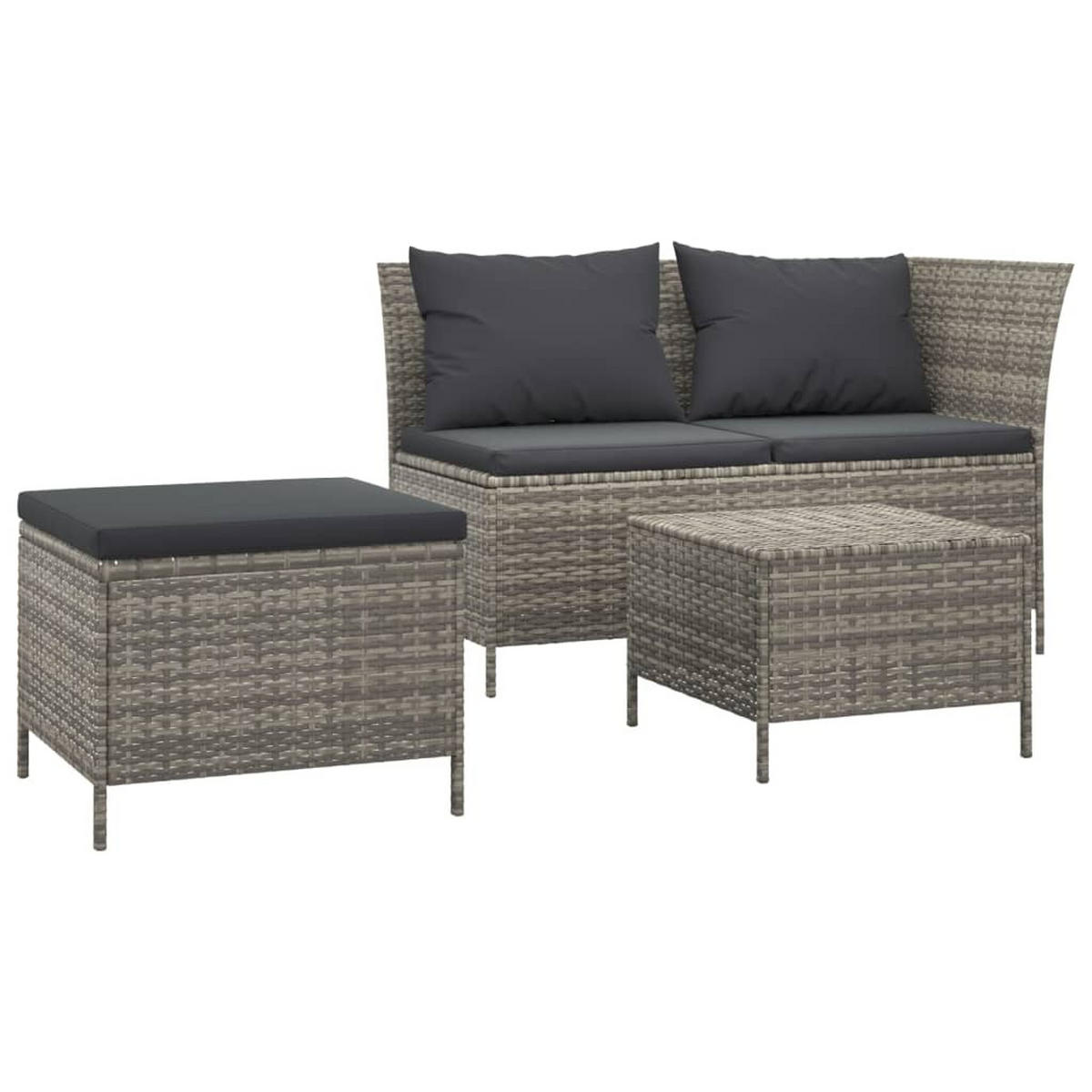 LOUNGEGARNITUR mit Kissen-Stauraum und Couchtisch, aus Poly Rattan, Grau, 3-teiliges Set - Grau, Kunststoff - vidaXL