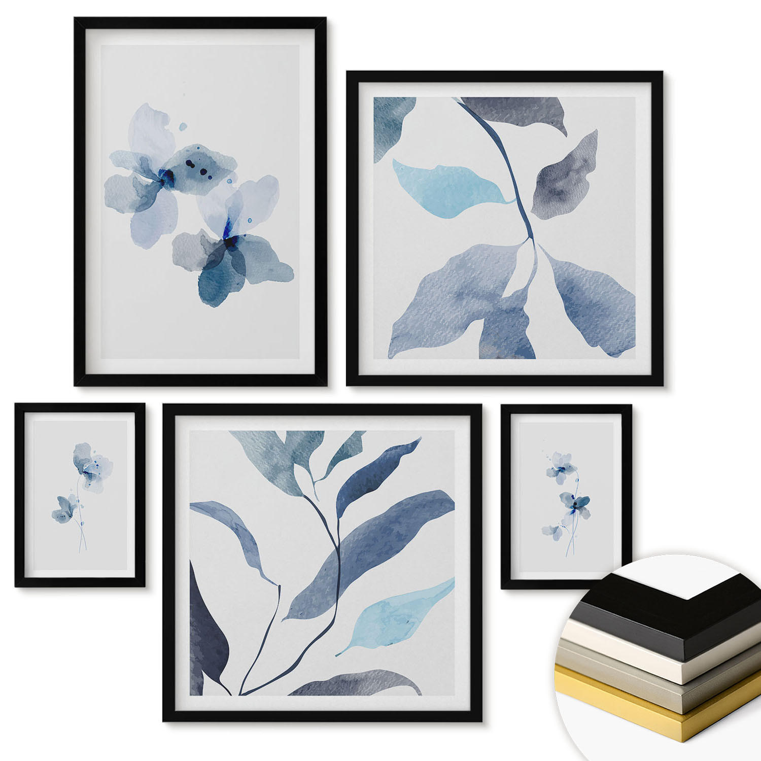 WANDBILDER 5er-Set - 50x50 cm & 20x30 cm & 40x60 cm Schwarzer Rahmen - Minimalistische blaue Blumen - Schwarz, Kunststoff (40/60cm) - ArtPrintCave