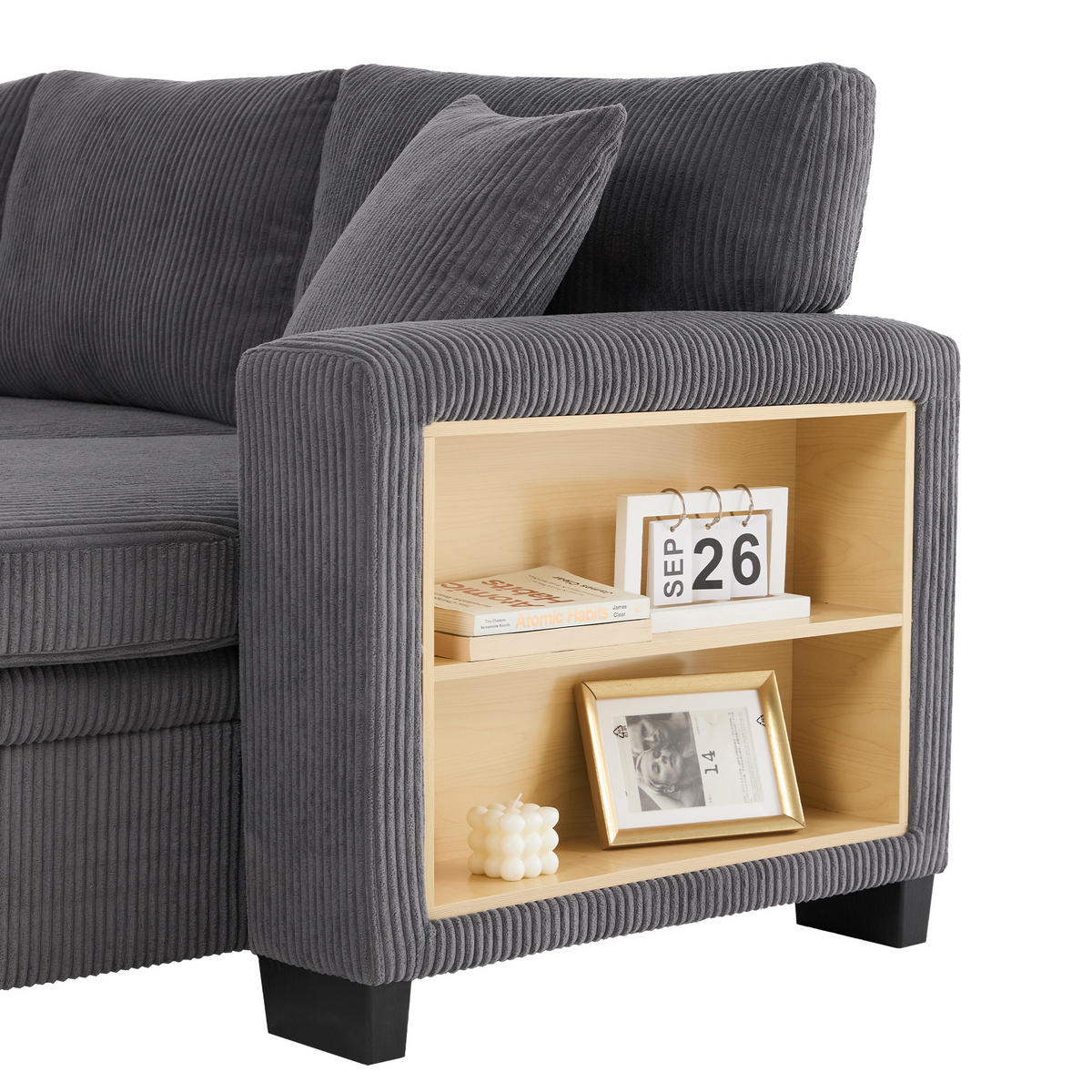 ECKSCHLAFSOFA Cord Dunkelgrau mit Stauraum, USB und Typ-C - Grau, Holzwerkstoff/Kunststoff (231/131.5cm) - WISHDOR
