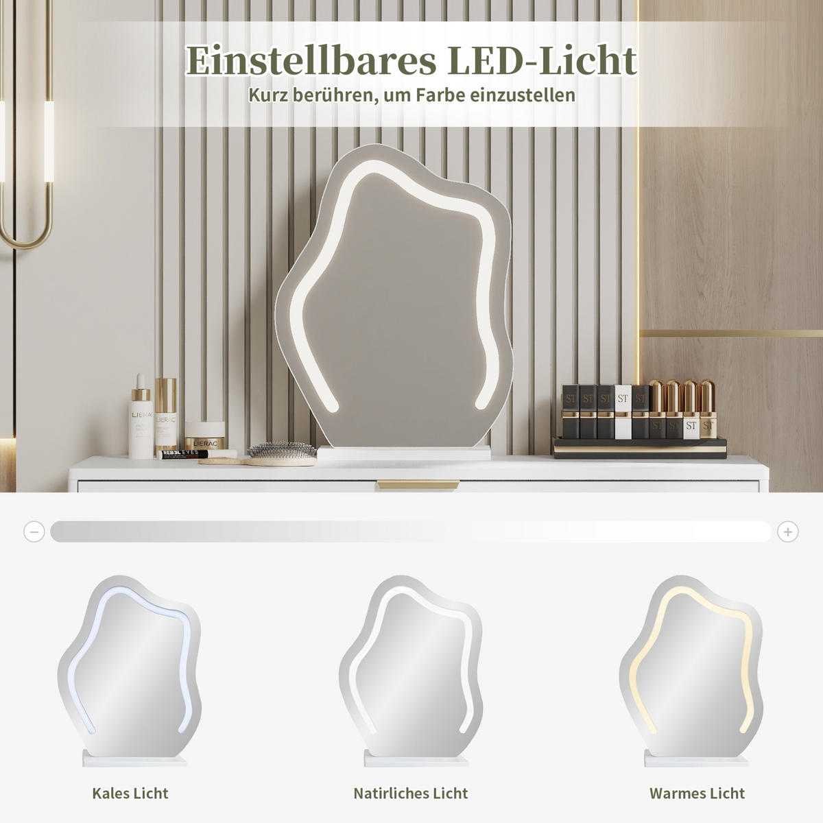SCHMINKTISCH 100/40/78 cm in Weiß mit LED-Beleuchtung und 2 Schubladen - Weiß, Holzwerkstoff (40/78/100cm) - Flora Grace