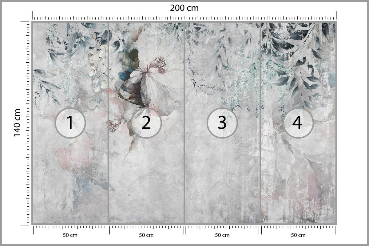 FOTOTAPETE für Schlafzimmer Zarte Blätter Beton Blumen Natur 200x140 - Schwarz/Rosa, Papier (200/140cm) - Muralo