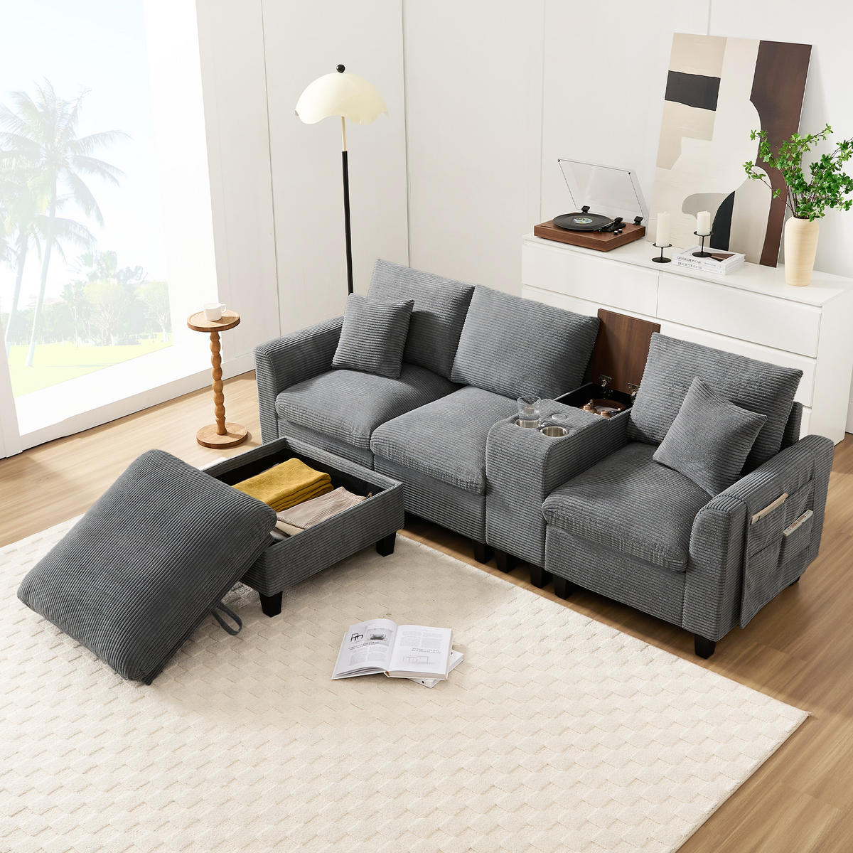 ECKSOFA L-Form 4-Sitzer mit USB-Anschlüssen & Armlehnen Aufbewahrungstaschen Cord Grau 229/149,5/83 cm - Grau, Textil (229/149.5cm) - OKWISH