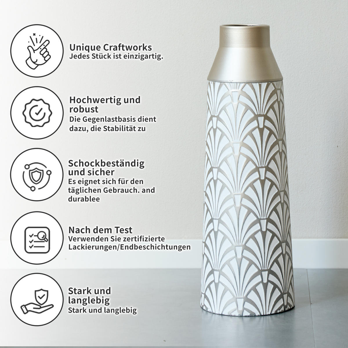 BODENVASE 3-tlg 43,5-61cm Metallbodenvasen Weiß-Silber Fächer-Muster Für Wohnzimmer - Silberfarben, Metall (66.54cm) - Raelunyi