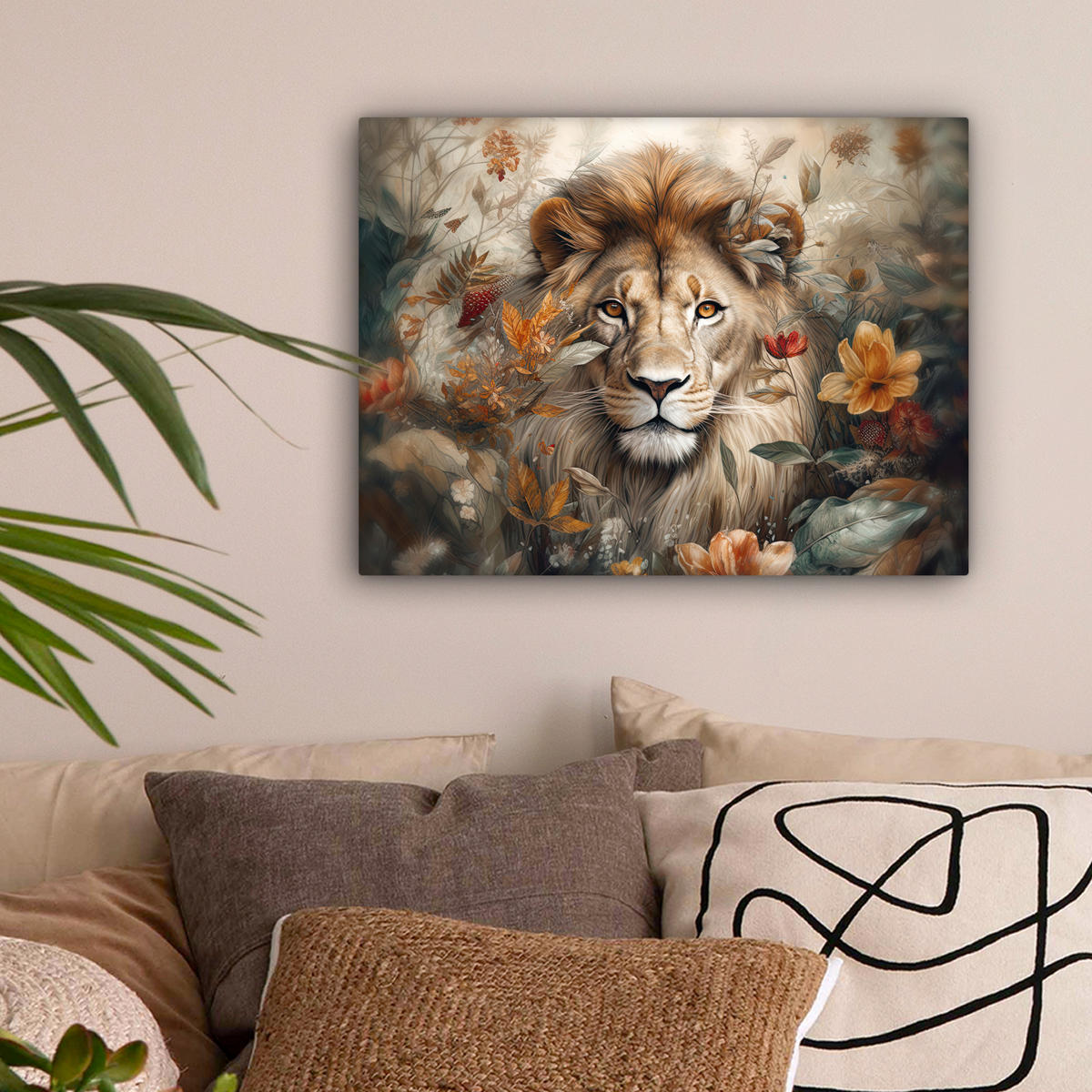 LEINWANDBILD Löwe - Wildtiere - Pflanzen - Natur - Blumen Wandbild 40x30 cm - Beige, Textil (40/30cm) - MuchoWow