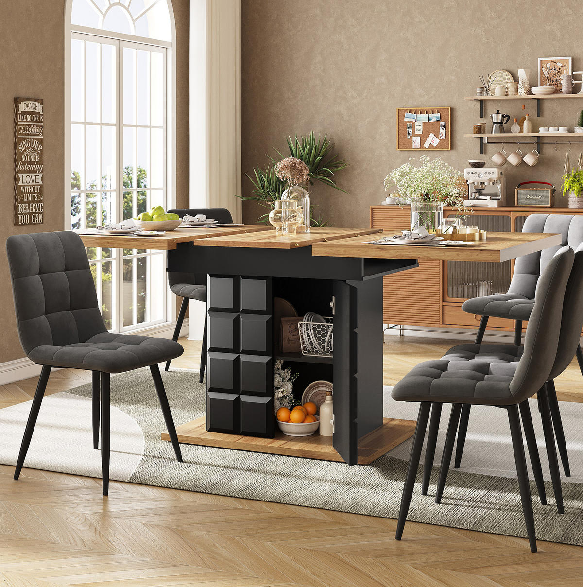 AUSZIEHBARER Esstisch, MDF mit Stauraum & Regalen, 110-140/80/75 cm, Schwarz/Natur - Schwarz, Holzwerkstoff (110/80/75cm) - Redom
