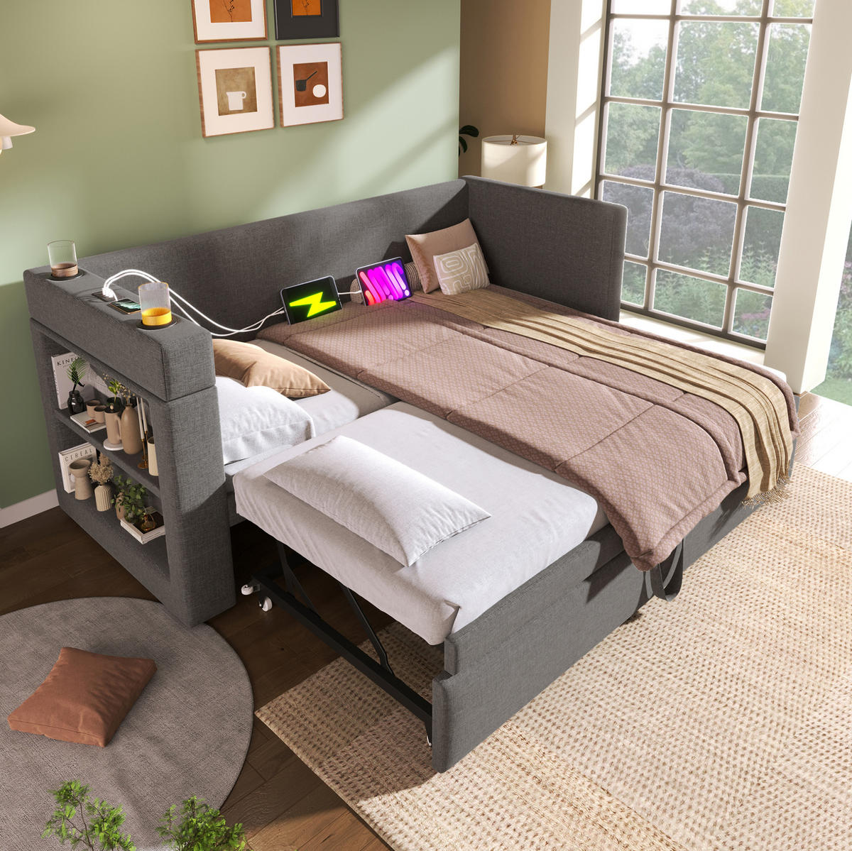 POLSTERBETT 90/190 cm Grau mit Ausziehbett und USB- & Type-C-Anschlüssen - Grau, Textil (90/190cm) - OKWISH