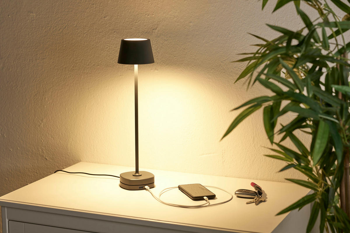 LED-AKKU Tischlampe mit Ladestation Ø 11 x 45 cm stufenlos dimmbar für Innen und Außen olivegrün - Olivgrün, Metall (11/11/45cm) - Northpoint