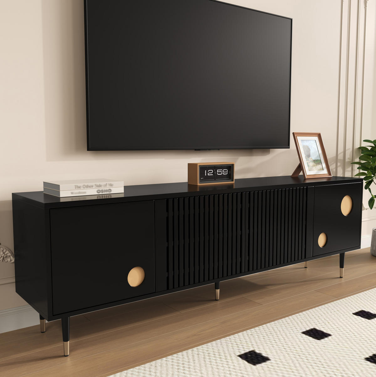 TV-SCHRANK in Schwarz mit 4 Türen, Gitterfront und Golddetails 170/36/54 cm - Schwarz, Holzwerkstoff (170/54/36cm) - Redom