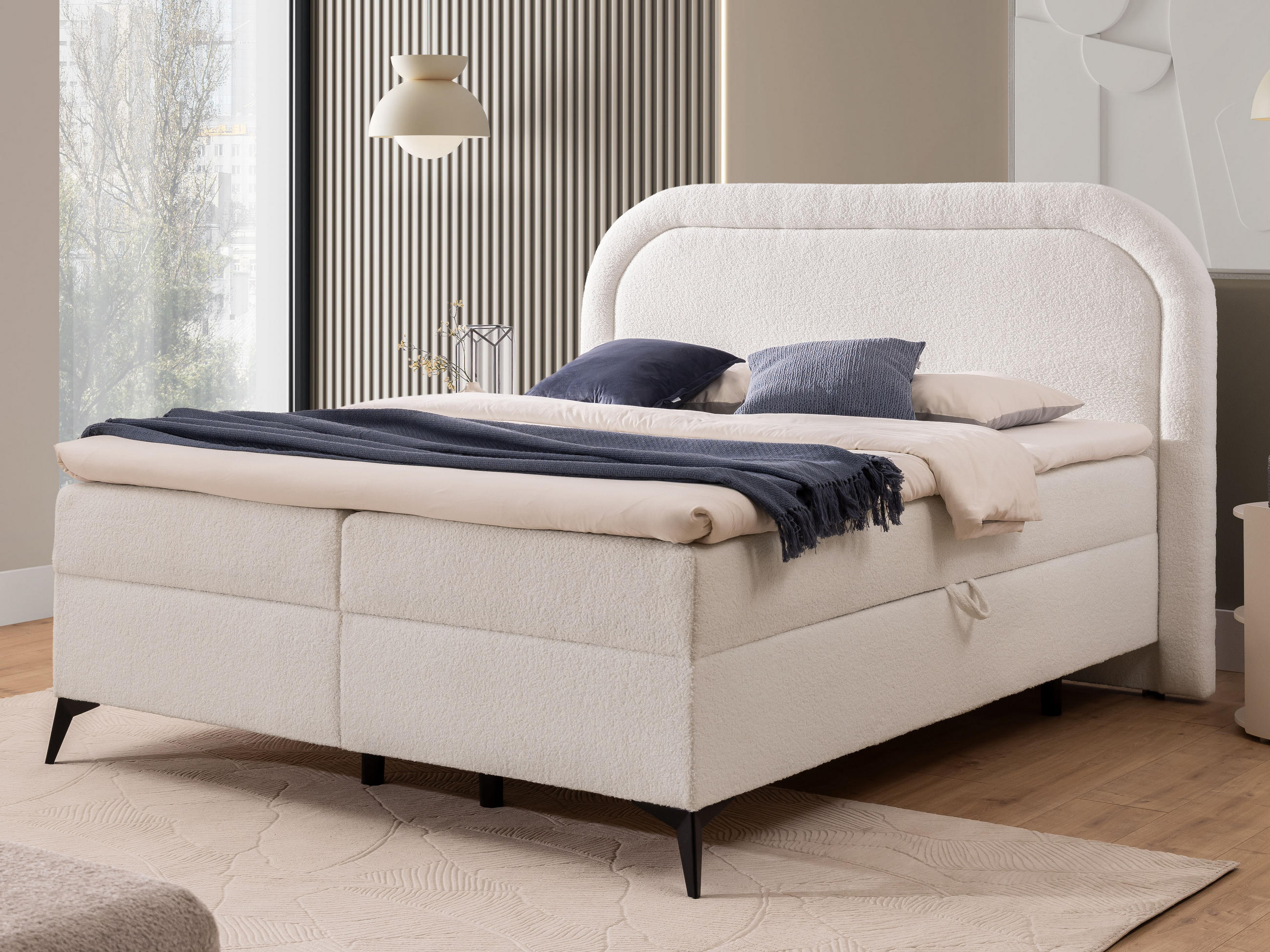 BOXBETT Sonna 140/200 cm Weiß Bouclé-Stoff mit abgerundetem Kopfteil und mit schwarzen Metallfüße - Schwarz/Weiß, Holz/Textil (140/200cm) - S-Style Möbel