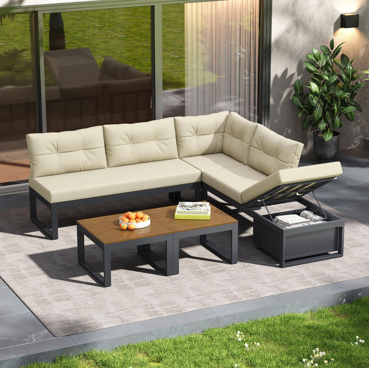 LOUNGEGARNITUR 191,5/79/191,5 cm Beige aus Polyester mit Stauraum und 3-stufiger Verstellung - Beige, Textil - OKMYHOME