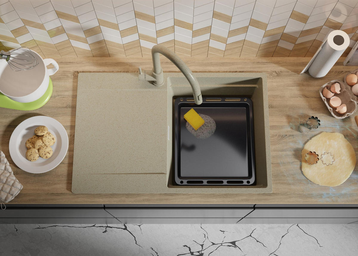 SPÜLBECKEN San Francisco, 2-er set Beige 78/50 cm 1 Becken + Ablauf-Set + Aufrollbare Abtropffläche ab 50er Unterschrank - Chromfarben/Beige, Kunststoff (78/20/50cm) - Primagran