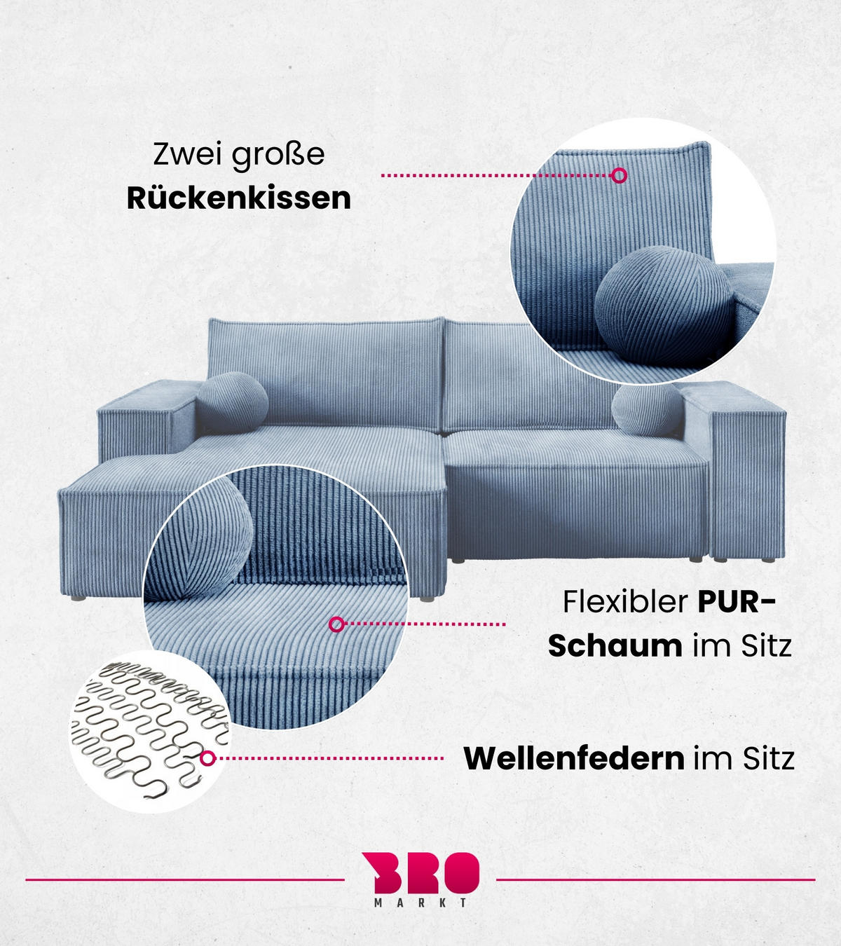 ECKSOFA Pablo Mini mit Schlaffunktion Himmelblau Cord - Blau, Textil (255/148cm) - Bromarkt