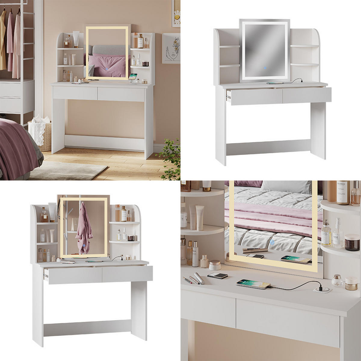 SCHMINKTISCH Charlotte Weiß 106 cm mit LED-Spiegel und QI-Ladestation - Weiß, Holzwerkstoff (106/142/40cm) - Vicco