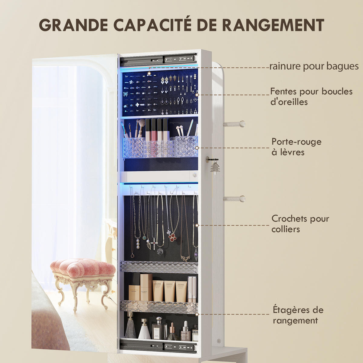 STANDSPIEGEL DE-18889 360° drehbar, LED, 165,5 cm Weiß - Schwarz, Holzwerkstoff (40/165.5/37cm) - ComfortXL