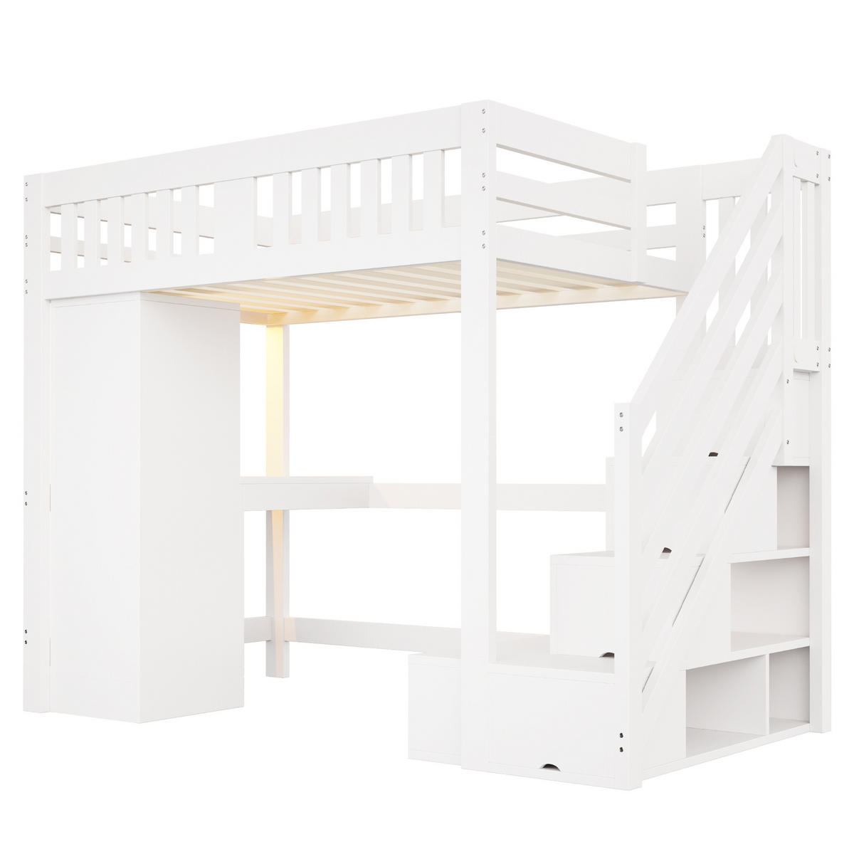 HOCHBETT 140/200 cm DE-32567 mit Stauraumtreppe und LED Weiß - Weiß, Holzwerkstoff (140/200cm) - ComfortXL