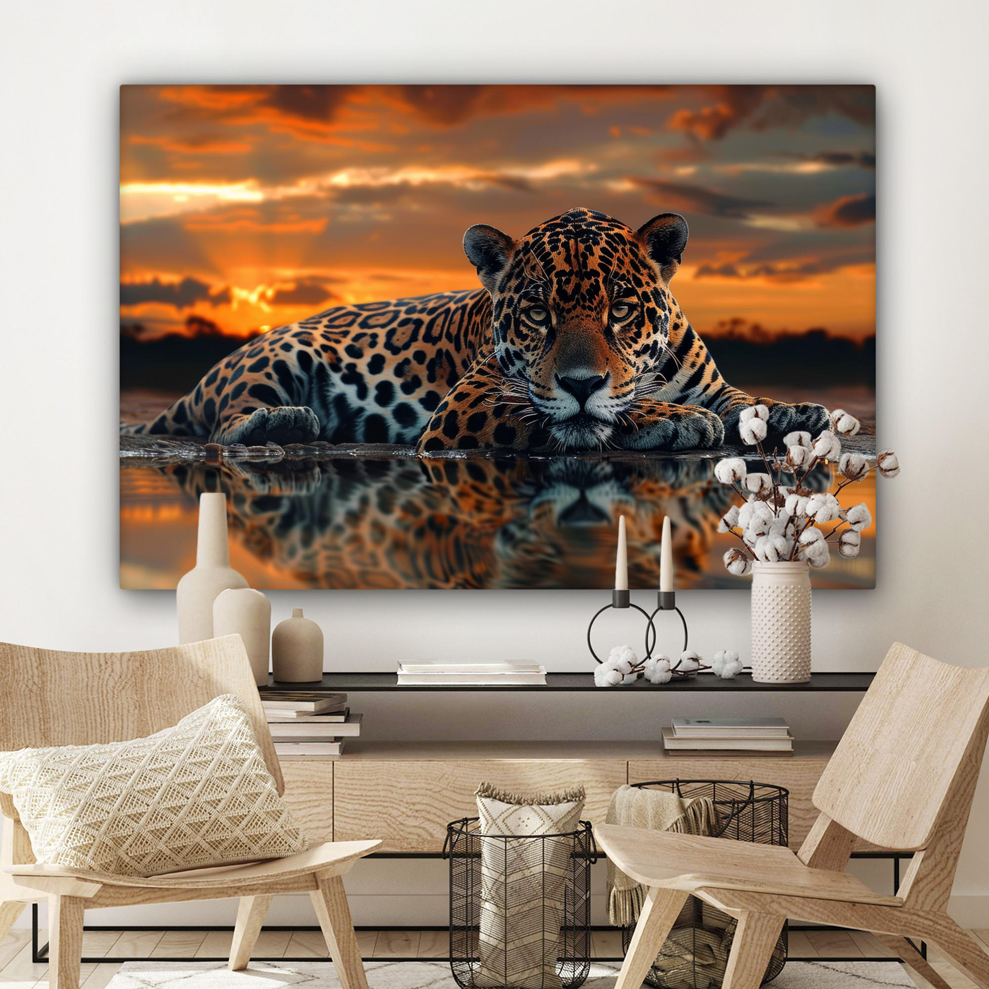 LEINWANDBILD Natur - Leopard - Tier - Sonnenuntergang - Modern Wohnzimmer 120x80 cm - Orange, Textil (120/80cm) - MuchoWow