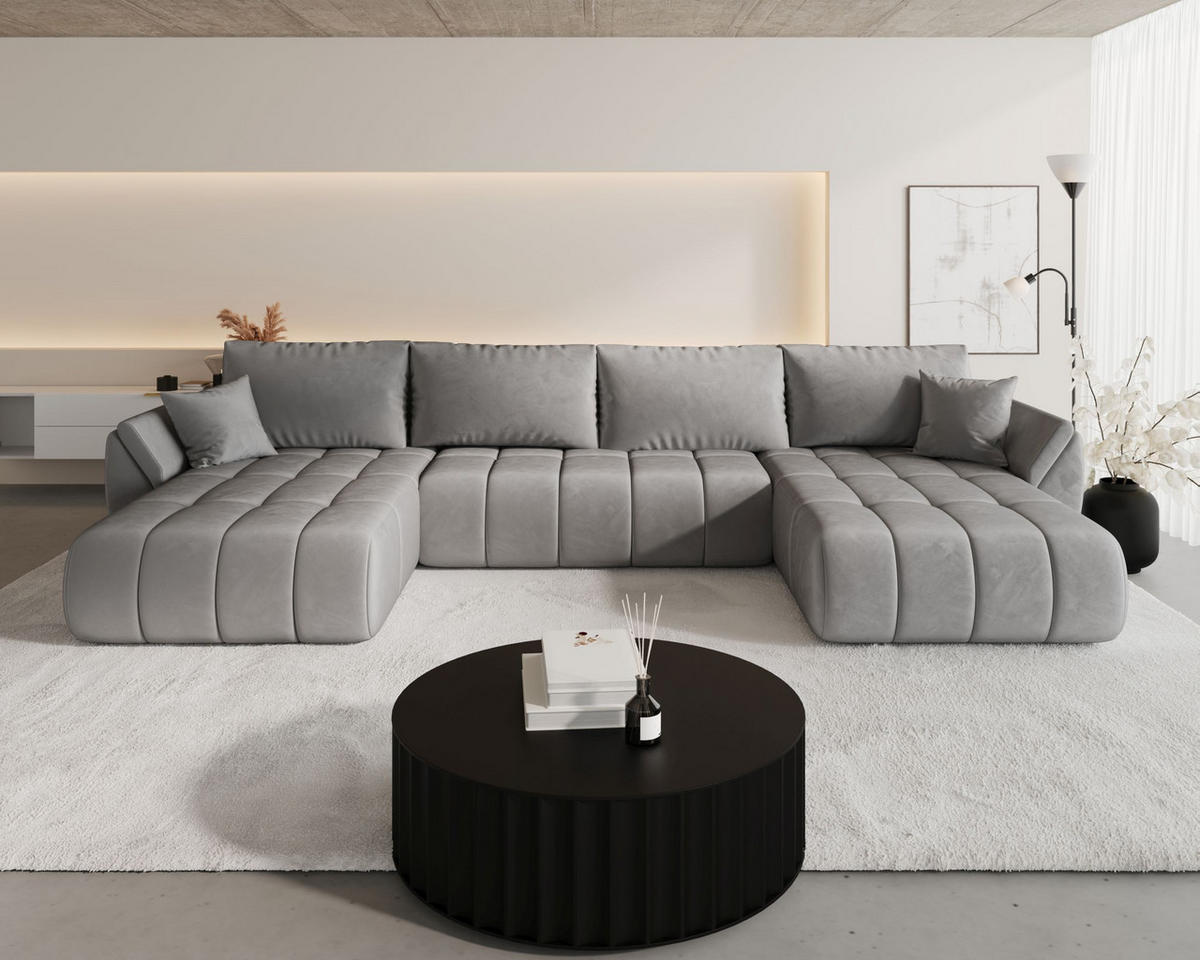 WOHNLANDSCHAFT SYDNEY PREMIUM U-Form hellgrau Velours Monolith 84 - Schlaffunktion, Bettkasten - Hellgrau, Textil (385/85/175cm) - Cornero