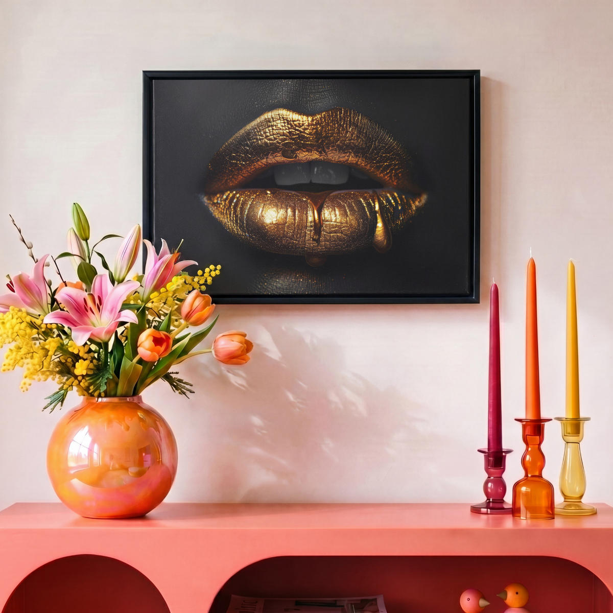 LEINWAND Bilder mit Rahmen - Frau - Porträt - Lippen - Gold - Schwarz - 30x20 - Schwarz, Textil (30/20cm) - MuchoWow