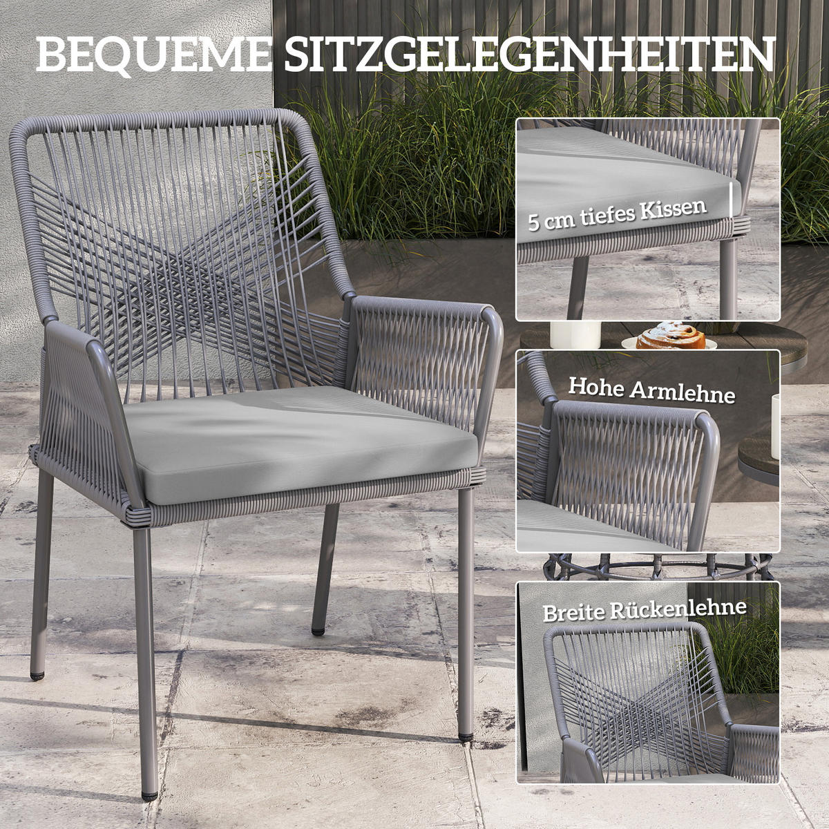2ER-SET GARTENSTÜHLE DE-06723 mit waschbaren Kissen & Armlehnen Dunkelgrau - Dunkelgrau, Kunststoff/Metall (61/84/57cm) - ComfortXL