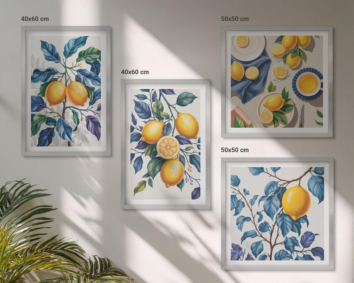 BILDER SET 4er Set - 50x50 cm & 40x60 cm Silberner Rahmen - Zitronenzweige mit blauen Blättern - Silberfarben, Kunststoff (50/50cm) - TULUP