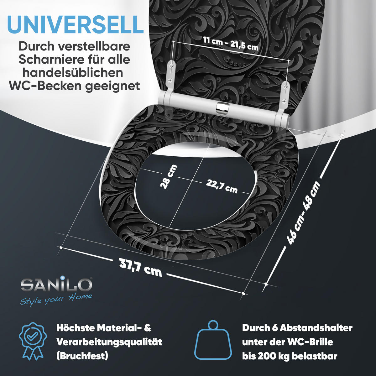 WC-SITZ mit Absenkautomatik & Top Fix Floral - Schwarz, Holzwerkstoff (37.7/5.5/48cm) - Sanilo