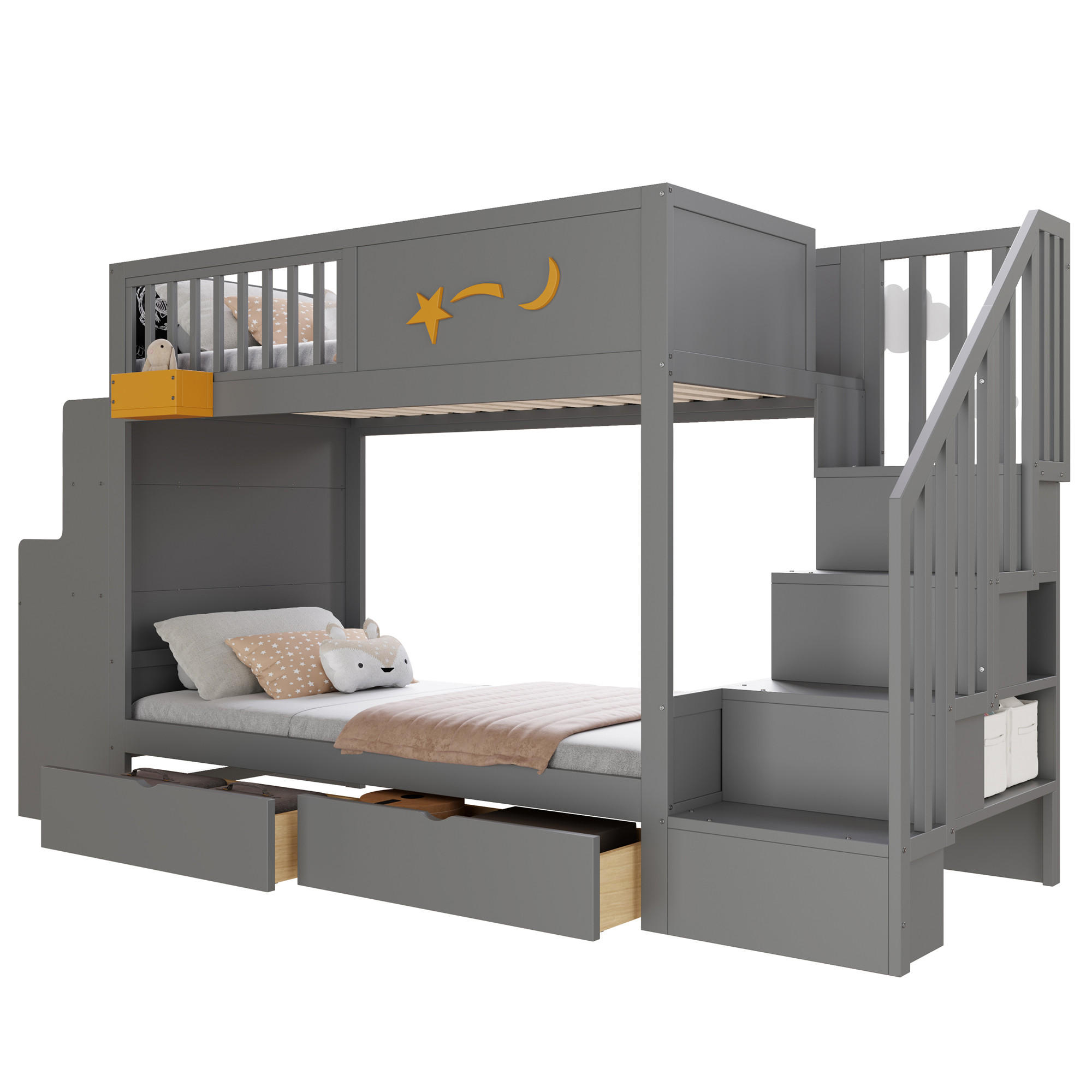 ETAGENBETT 90/200 cm in Grau mit 2 Schubladen, Treppe und Schreibtisch Massivholz Design - Grau, Holzwerkstoff (90/200cm) - STILVORA