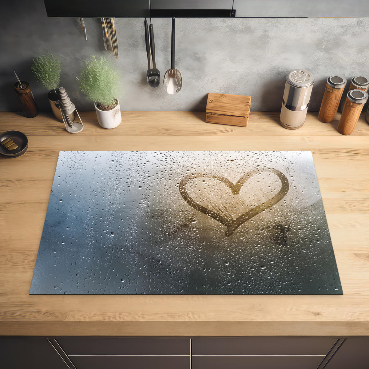 HERDABDECKPLATTE Herz - Kondenswasser - Wasser - 3D Ceranfeldabdeckung 80x52 cm - Grau, Kunststoff (80/52/0.2cm) - MuchoWow