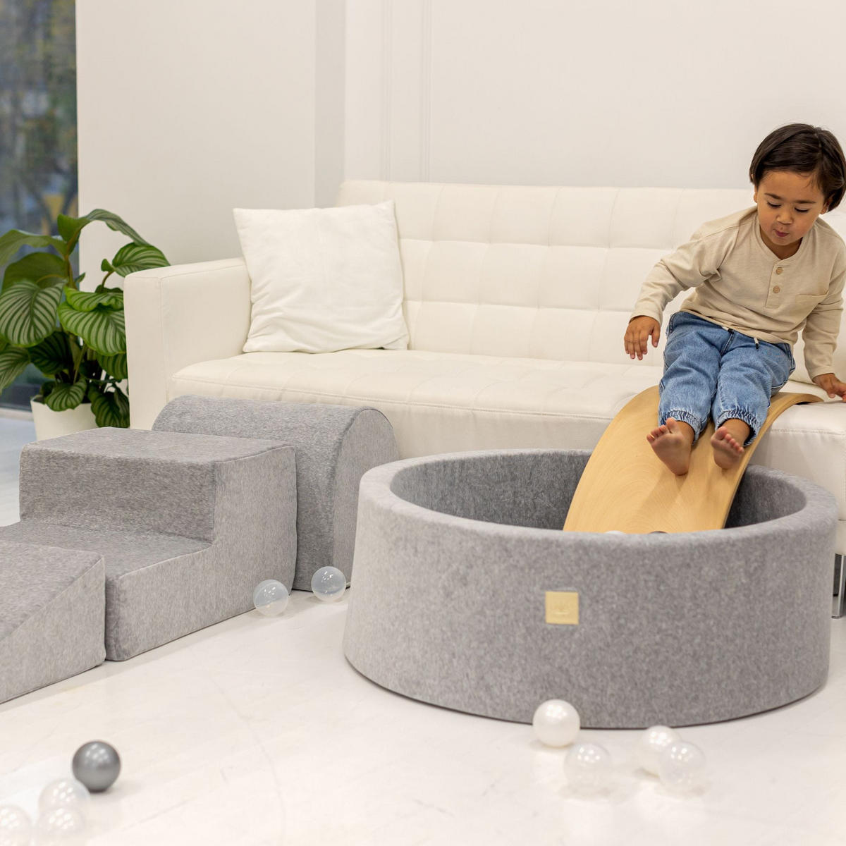 BÄLLEBAD mit Schaumstoff Bausteinen für Kinder, Samt, Ecru - Ecru/Transparent, Textil (230/45/30cm) - MeowBaby