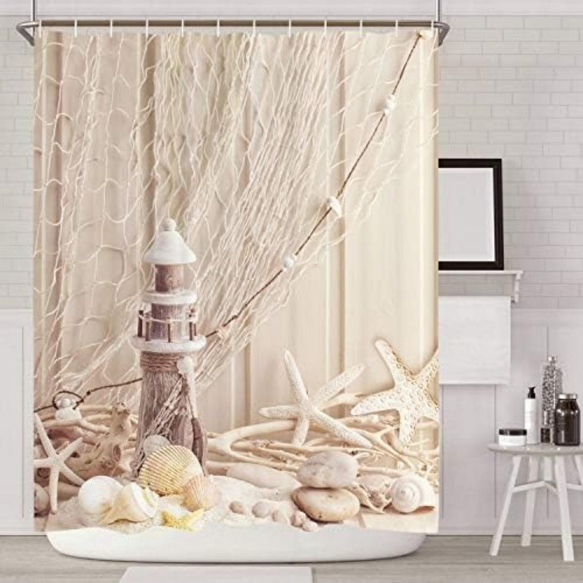 DUSCHVORHANG Beige Stoff Muster Muscheln mit Schlaufen - Multicolor, Textil (180/120cm) - MCBOSON
