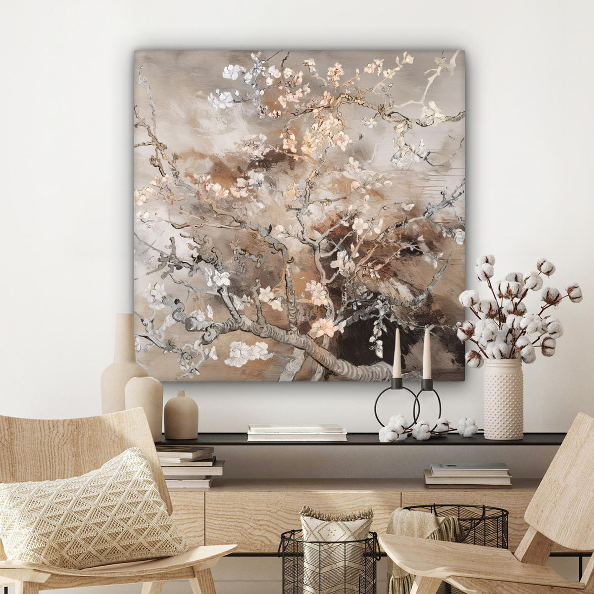 LEINWANDBILD Mandelblüte - Kunst - Van Gogh - Beige - Abstrakt 90x90 cm - Braun, Textil (90/90cm) - MuchoWow