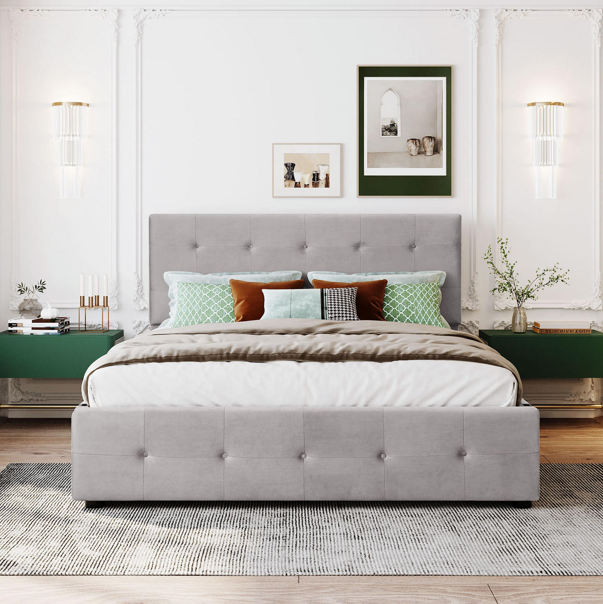 POLSTERBETT aus Samtstoff Grau mit 4 Schubladen und Lattenrost - Grau, Textil (140/200cm) - IVMEU