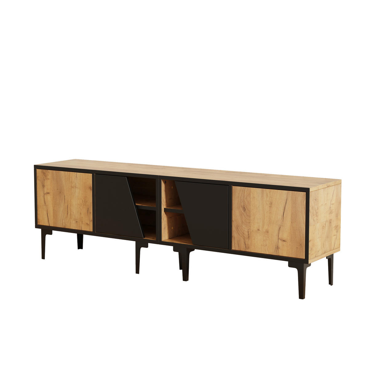 TV ormarić od iverice 160x36,5x45 cm prirodna boja i crna s 4 pretinca i 7 PVC nogu, za TV do 65" - svijetlo smeđa, drvni materijal (160/45/36.5cm) - Modfu