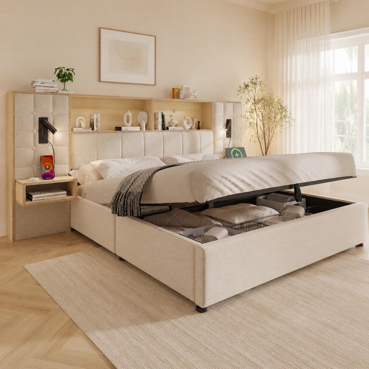POLSTERBETT 160/200 mit Stauraum und Nachttischen in Beige - Beige, Holzwerkstoff/Textil (160/200cm) - EVRYAE