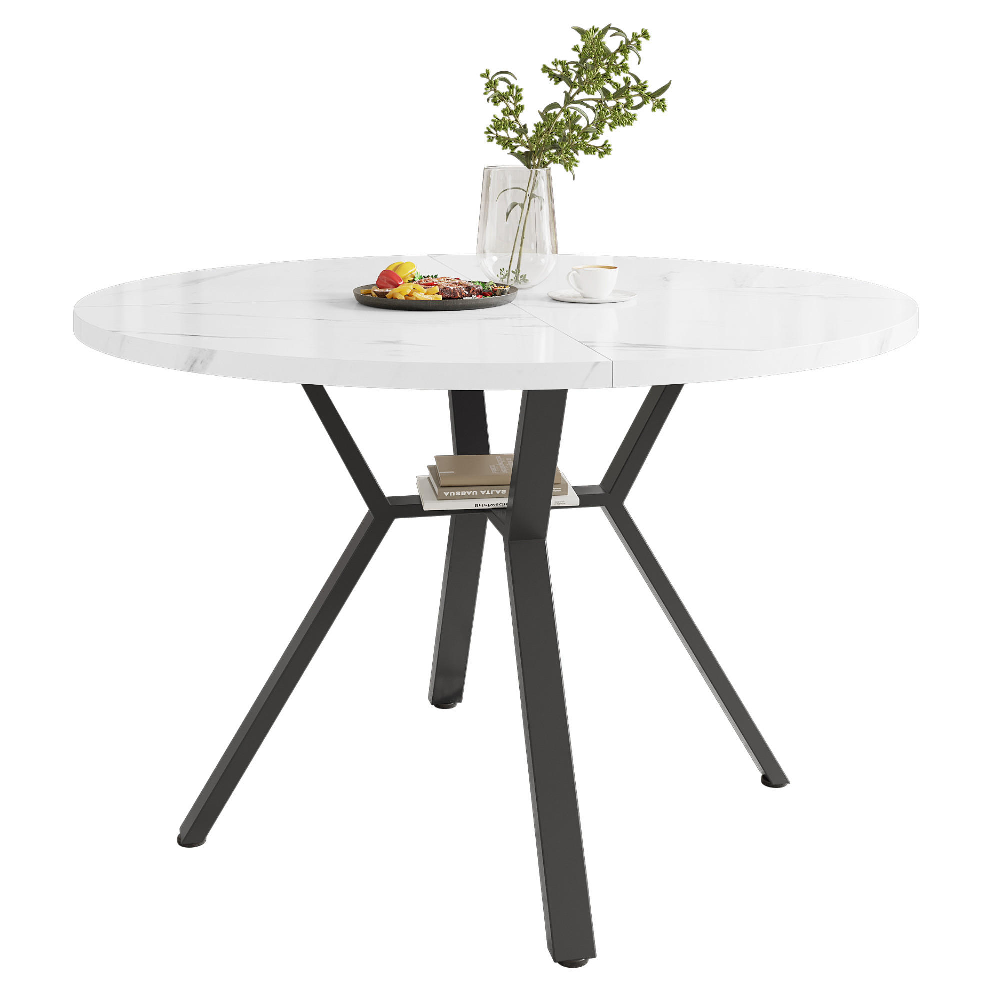 Redom JÍDELNÍ stůl 100/100/75 cm s mramorovým dekorem a černou X kovovou konstrukcí, Bílá/Černá