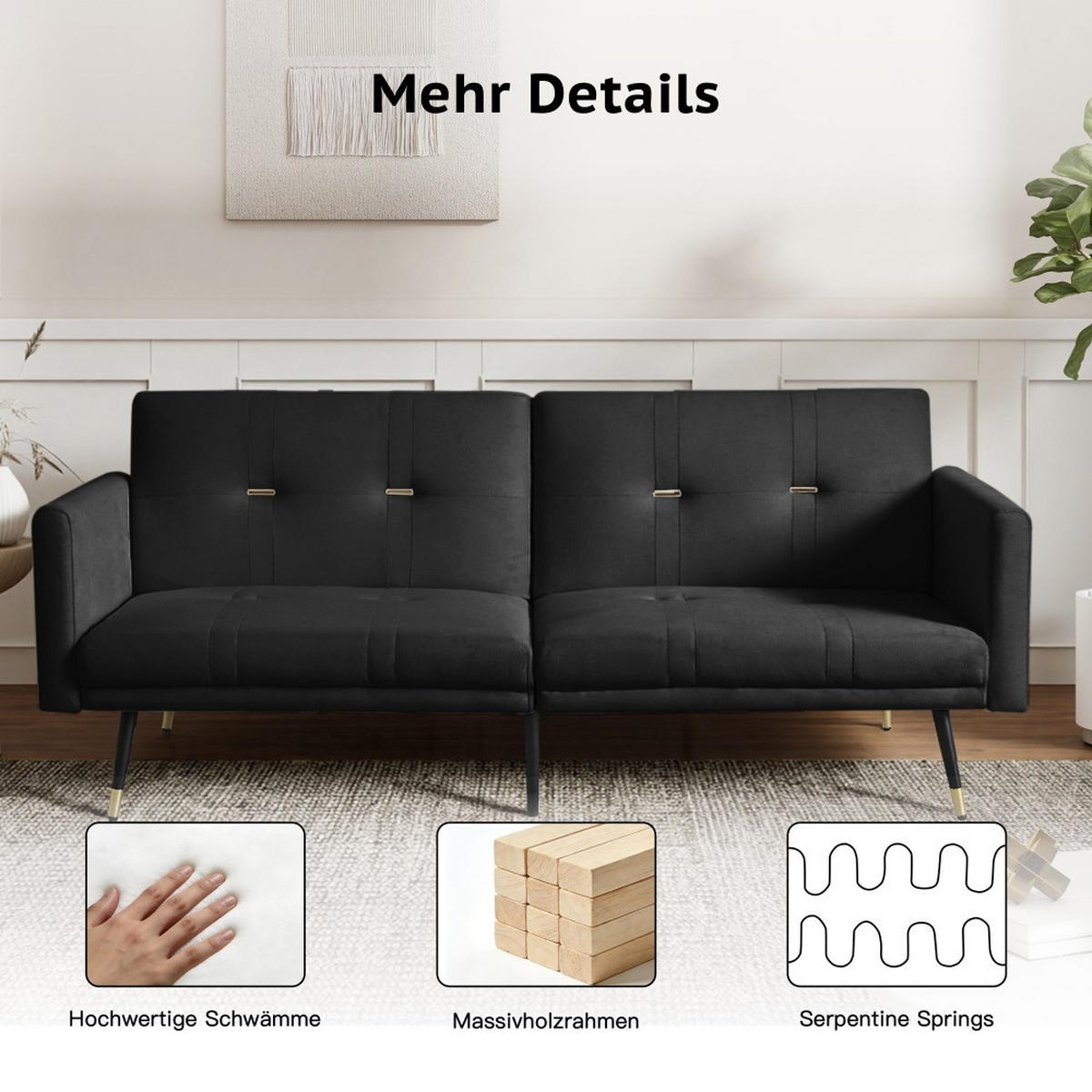 SCHLAFSOFA Zweisitzer mit Schlaffunktion,Klappsofa,Samt,Schwarz - Schwarz, Textil (164/70/51cm) - LVHOM